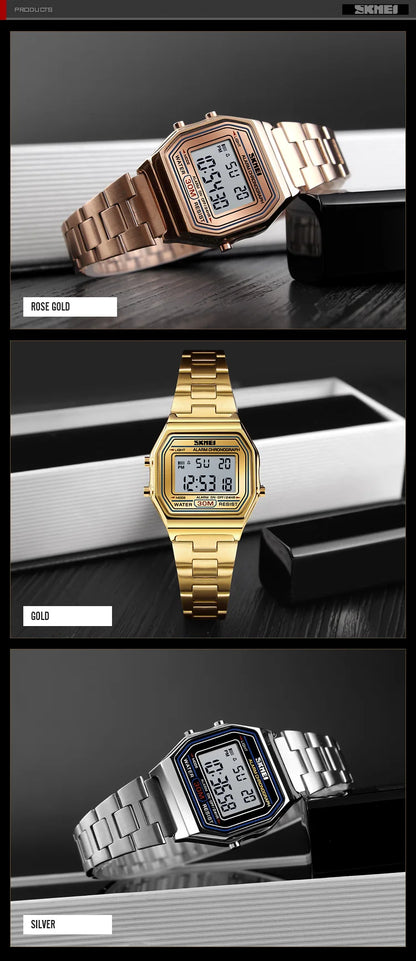 SKMEI 1415 Luxury Retro Digital Sports Watch for Women Stainless Steel Electron Waterproof Wristwatches Girl Clock Reloj Hombre