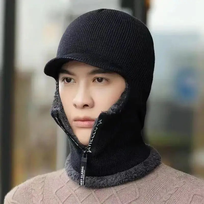 New Men Winter Warm Wool Hat Outdoor Ear Protection Hats Warm Thick Bicycle Knitted Capd Scarf Windproof Visors Cap