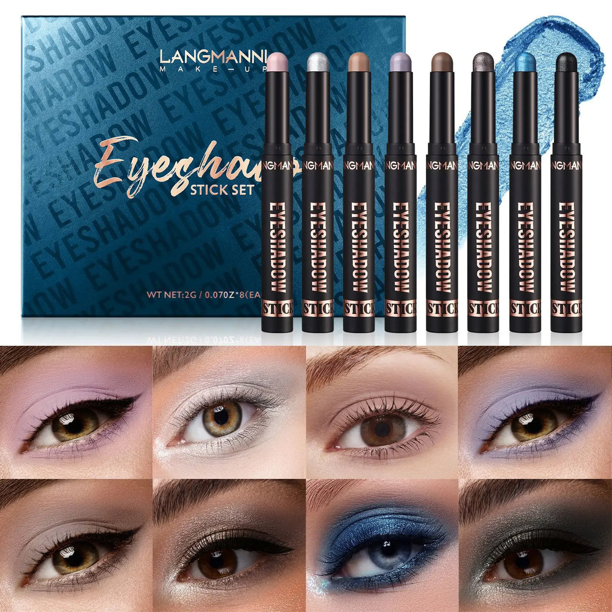 Waterproof Long Lasting Metallic Eyeshadow Sticks Satin Finish 16 Vibrant Colors Professional Makeup Pencil Crayon Set 8PCS