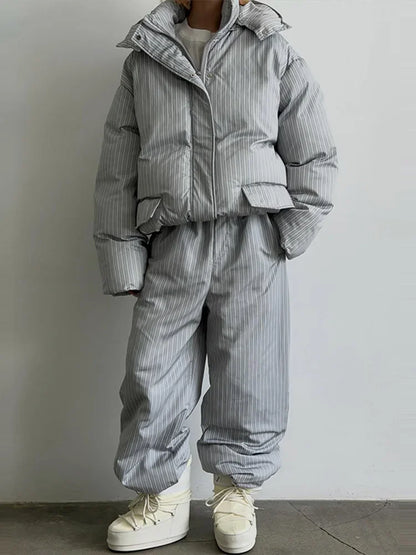 Casual Women's Stripe Set With Hat Full Sleeve Cotton Padded Coat Straight Pants Female Loose Sets 2026 Autumn Winter Lady Suit